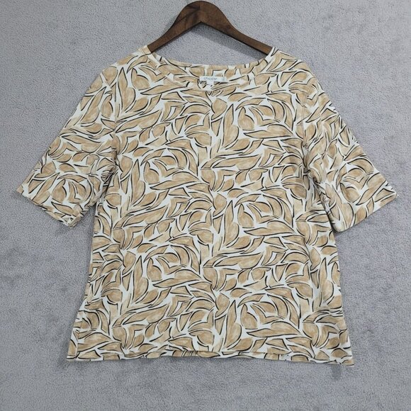 Chico's Womens Leaf Print Top 2/ L Pima Cotton Beige Black  JCT - Picture 1 of 6